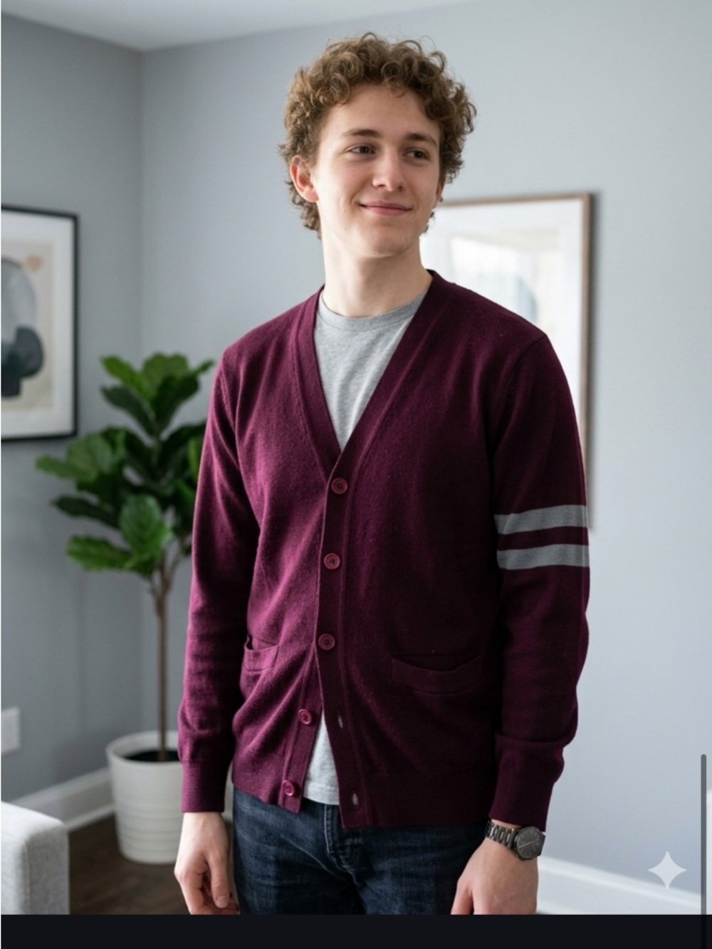 Men's V-Neck Button Cardigan Sweater - Burgundy